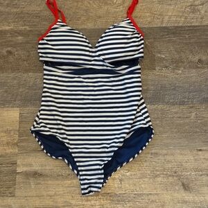 YMI Swimwear Women’s navy/white stripe one piece swimsuit L red straps VGUC